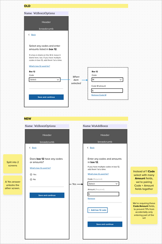 Mock-ups showing an old box 12 question getting broken into 2 parts in a new iteration