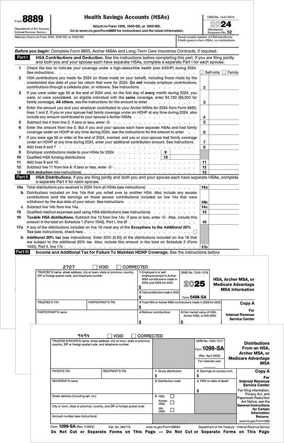 Forms 8889, 5498-SA, and 1099-SA