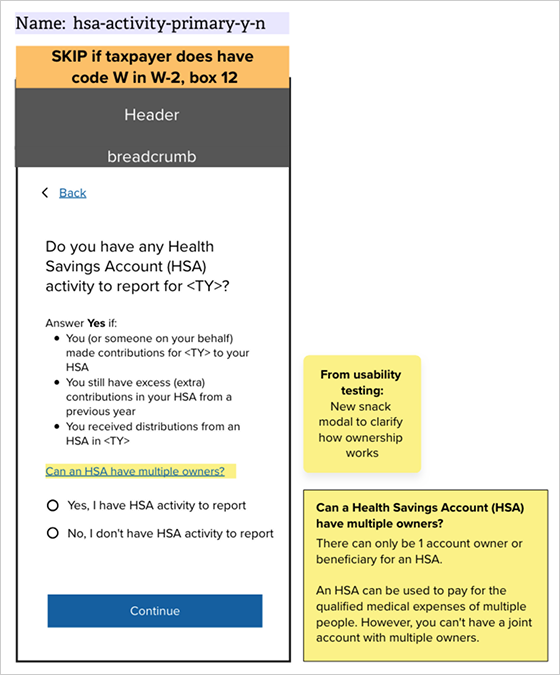 Mockup of question screen about HSAs, with a new modal called 'Can an HSA have multiple owners?'