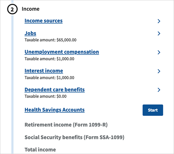 Current income Checklist, with every income type displayed