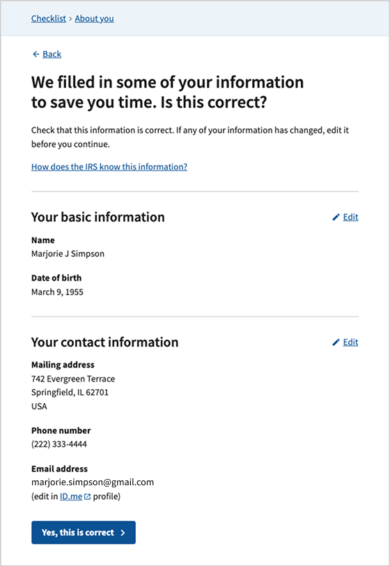 Screen showing basic biographical information for the user to review