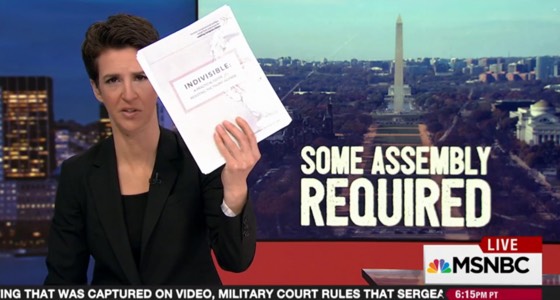 Screengrab of Rachel Maddow discussing the Indivisible Guide on her show