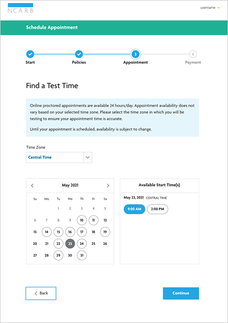 Screen to select exam date and time