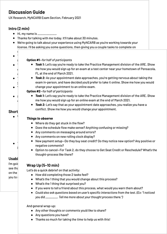 Discussion guide for usability testing, detailing questions, tasks, and things to observe